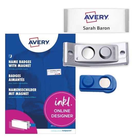 Packungsabbildung mit Etikettenbogen: Avery Zweckform, Artikel: POL35MA66-5DR, Magnetische Namensschilder, Format: 80 x 34 mm, Druckereignung: Farblaser,Laser s/w,Inkjet, Inhalt: 5 Schilder / 16 Einsteckschilder / 1 Bogen, 16 Karten/Bogen