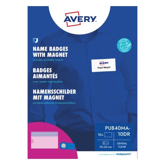 Avery-Verpackung mit magnetischen Namensschildern auf blauem Hemd mit Muster-Namensschild?