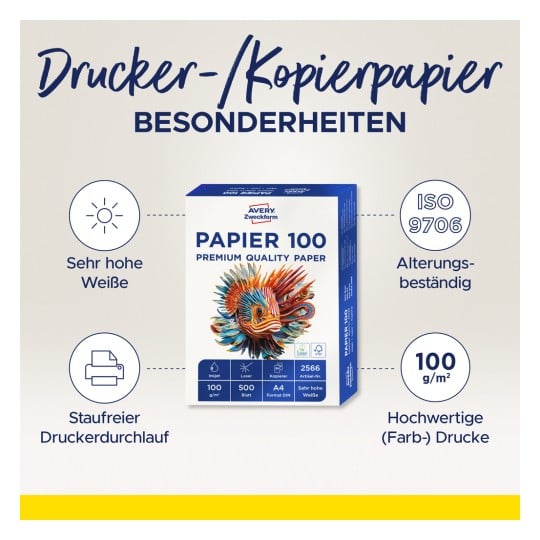 Das Bild zeigt eine Packung Drucker-/Kopierpapier mit der Aufschrift 'Papier 100' von Avery Zweckform. Es hebt Merkmale wie hohe Weiße, ISO 9706-Zertifizierung, Alterungsbeständigkeit und Eignung für Tintenstrahl- und Laserdrucker mit einem Gewicht von 100 g/m² hervor.