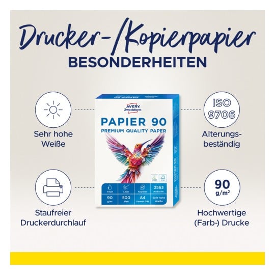 Das Bild zeigt eine Produktbox für 'Drucker-/Kopierpapier' und hebt dessen Eigenschaften wie sehr hohe Weiße, Alterungsbeständigkeit und Kompatibilität für Tintenstrahl- und Laserdrucker hervor.