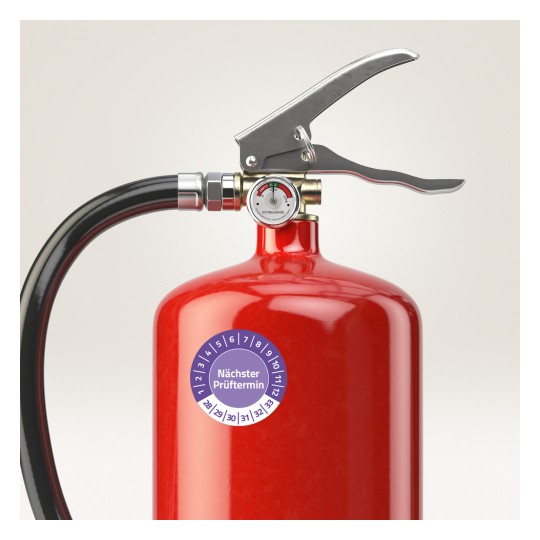 Das Bild zeigt einen roten Feuerlöscher mit einer Düse, einem Druckmesser und einem Etikett, das das Datum der nächsten Inspektion angibt.