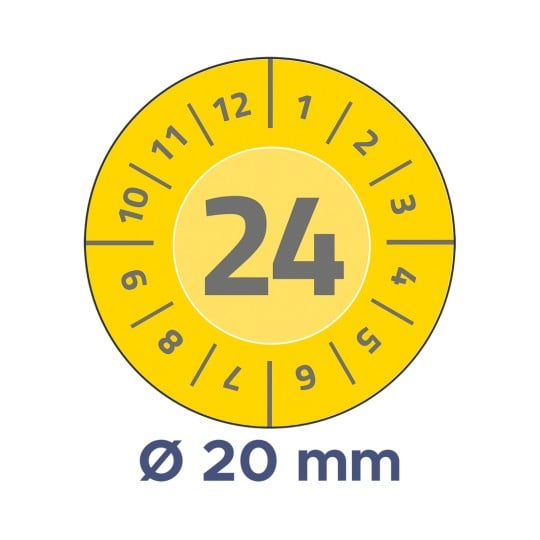 Das Bild zeigt ein kreisförmiges Design mit der Zahl 24, die in der Mitte prominent angezeigt wird. Um die Zahl herum befinden sich Stundenmarkierungen von 1 bis 12, was auf eine uhrenähnliche Form hinweist. Unten befindet sich ein Etikett, das einen Durchmesser von 20 mm angibt.