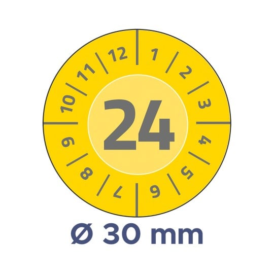 Das Bild zeigt ein kreisförmiges gelbes Messzifferblatt mit den Zahlen 1 bis 12 am Rand. Die zentrale Zahl, die angezeigt wird, ist 24, und sie weist auf einen Durchmesser von 30 mm unten hin.