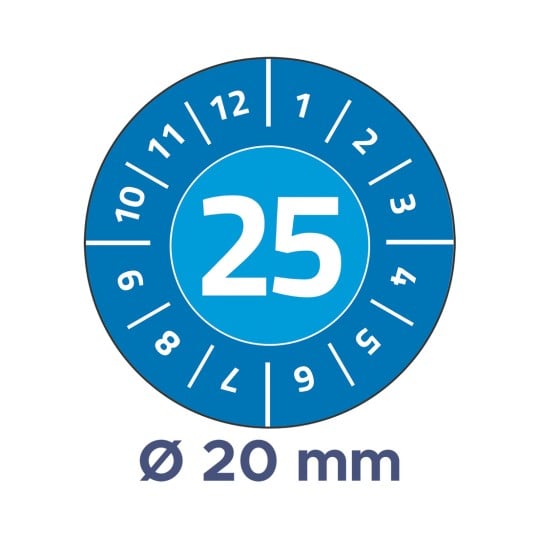 Das Bild zeigt ein blaues kreisförmiges Zifferblatt mit der Zahl 25 prominent in der Mitte. Um die Zahl herum sind kleinere Zahlen von 1 bis 12 angeordnet, die Messungen auf dem Zifferblatt anzeigen. Unter dem Kreis befindet sich der Text 'Ø 20 mm', der wahrscheinlich auf eine Größe oder Abmessung hinweist.