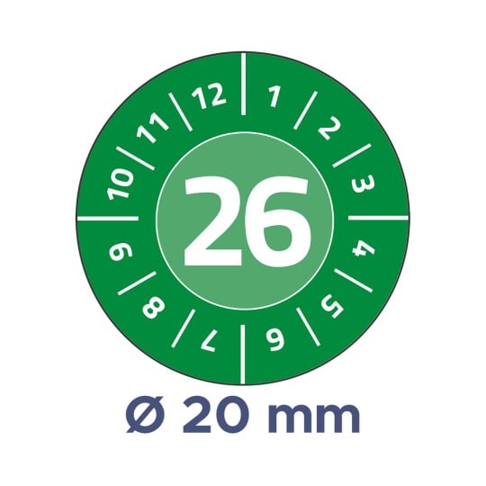 Das Bild zeigt ein rundes Zifferblatt mit grünem Hintergrund, das die Zahl 26 in der Mitte anzeigt. Um die Mitte herum befinden sich die Zahlen von 1 bis 12. Unter dem Zifferblatt befindet sich ein Etikett, das einen Durchmesser von 20 mm angibt.