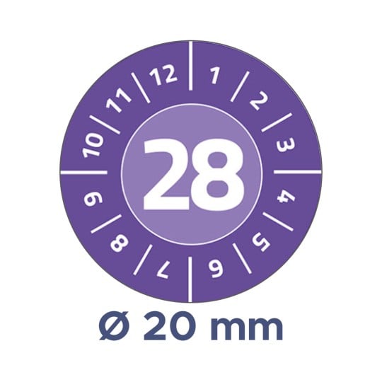 Das Bild zeigt eine kreisförmige Grafik mit der Zahl 28 in der Mitte, umgeben von nummerierten Markierungen, die von 1 bis 12 und 9 bis 6 reichen und eine Position oder Messung anzeigen. Es enthält auch ein Etikett, das einen Durchmesser von 20 mm angibt.