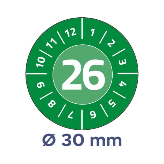 Das Bild zeigt ein grünes kreisförmiges Gerät mit der Zahl 26, die prominent in der Mitte angezeigt wird, umgeben von den Zahlen 1 bis 12 und zusätzlichen Markierungen. Unten wird 'Ø 30 mm' erwähnt, was einen Durchmesser anzeigt.