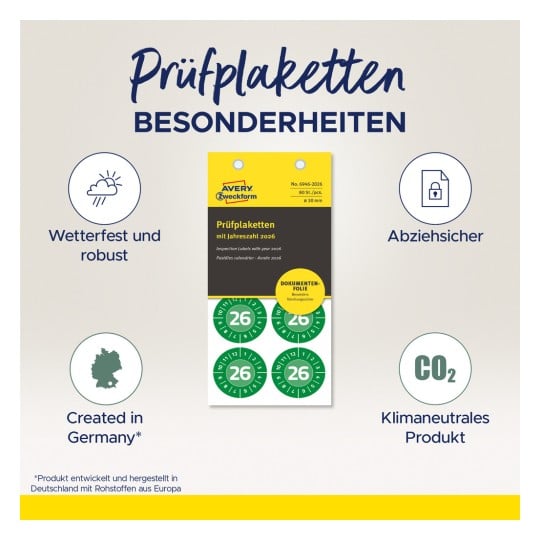 Das Bild zeigt eine Produktverpackung für Prüfsiegel mit Merkmalen wie wasserdicht, robust, manipulationssicher, klimaneutral und hergestellt in Deutschland, vorgesehen für den Einsatz im Jahr 2026.