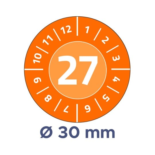 Das Bild zeigt ein rundes Zifferblatt mit Zahlen, die eine Skala darstellen, wobei '27' prominent in der Mitte angezeigt wird. Der äußere Ring zeigt Zahlen von 1 bis 12, und am unteren Rand gibt es eine Durchmesserspezifikation von 'Ø 30 mm'.