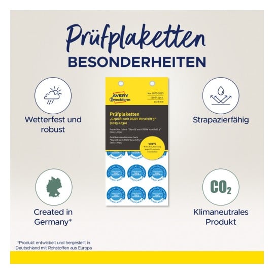 Das Bild zeigt Inspektionsetiketten von Avery Zweckform, die ihre wetterfesten und robusten Eigenschaften, ihre Eignung für den Außeneinsatz, die Herstellung in Deutschland und ihren klimaneutralen Produktstatus hervorheben.