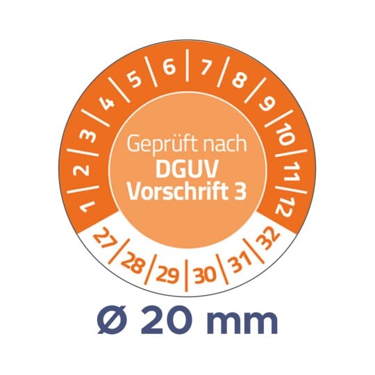 Das Bild zeigt eine kreisförmige Messskala, die mit Zahlen markiert ist und in der Mitte den Text 'Geprüft nach DGUV Vorschrift 3' enthält. Es gibt außerdem einen Durchmesser von 20 mm an.