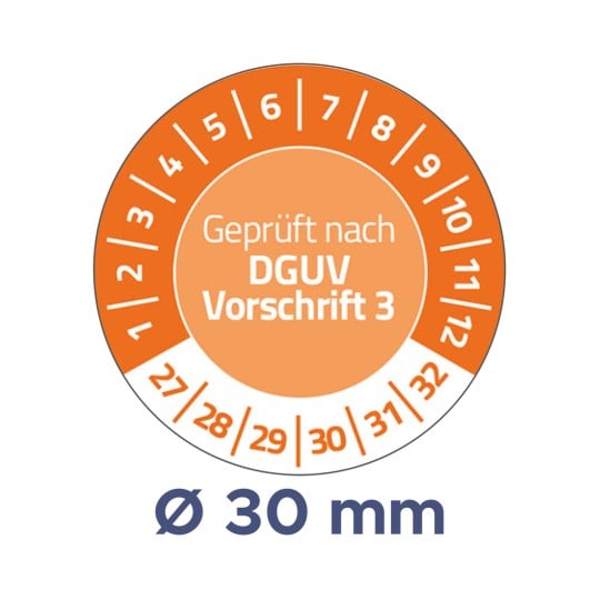 Das Bild zeigt eine runde Skala mit den Zahlen 1 bis 12 und 27 bis 32 am Rand. In der Mitte steht der Text 'Geprüft nach DGUV Vorschrift 3' und gibt einen Durchmesser von 30 mm an.