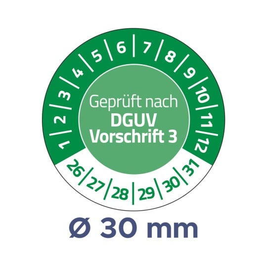Das Bild zeigt eine kreisförmige Anzeige oder ein Messgerät mit einem Durchmesser von 30 mm und bezieht sich auf die DGUV-Vorschriften.