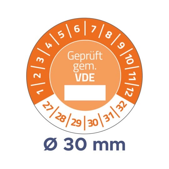 Das Bild zeigt ein rundes oranges und weißes Etikett mit einer Messung von Ø 30 mm, VDE-Zertifizierung und Zahlen von 1 bis 32.