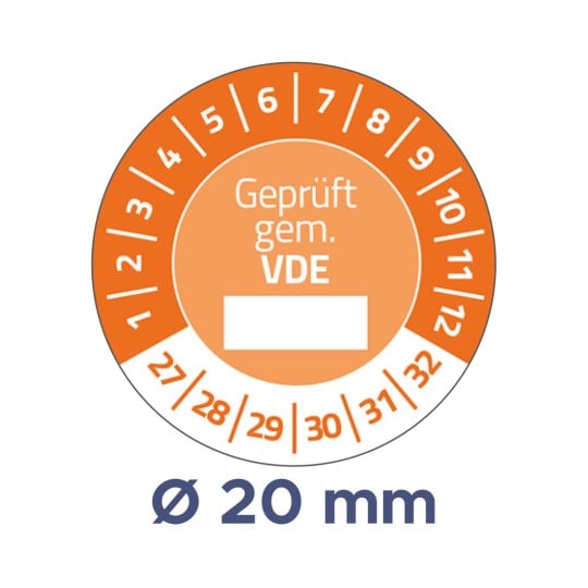 Das Bild zeigt eine kreisförmige Skala, die mit Zahlen und dem Text 'Geprüft gem. VDE' beschriftet ist. Es zeigt auch eine Durchmesserangabe von 'Ø 20 mm'.