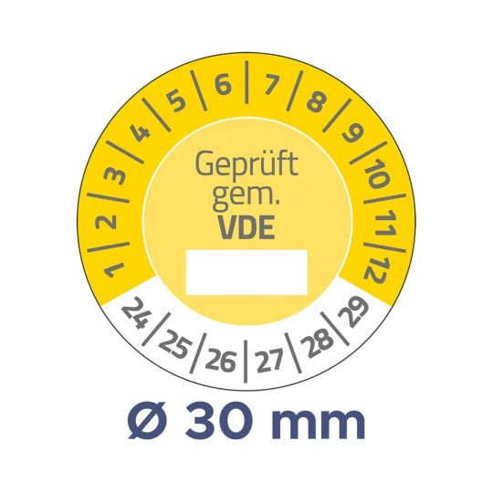 Das Bild zeigt eine kreisförmige Skala mit Zahlen von 1 bis 12 und einem Durchmesser von Ø 30 mm. Es enthält den Text 'Geprüft gem. VDE' und zusätzliche Zahlen von 24 bis 29 am Rand.