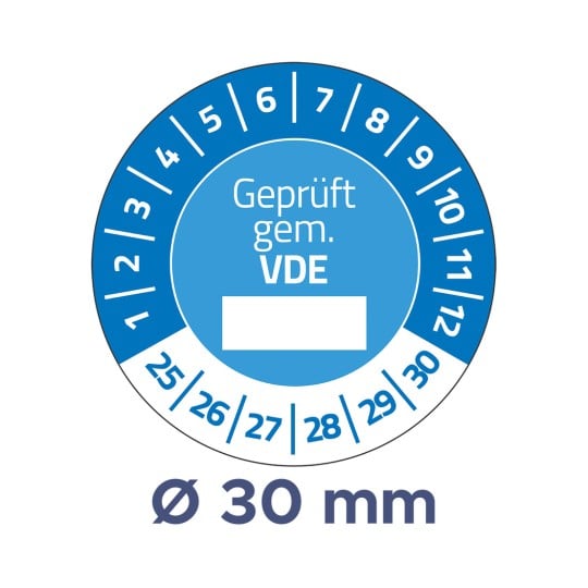 Das Bild zeigt eine kreisförmige Skala mit Zahlen, die Maße angeben, einschließlich eines Durchmessers von 30 mm, und hat den Text 'Geprüft gem. VDE' in der Mitte.
