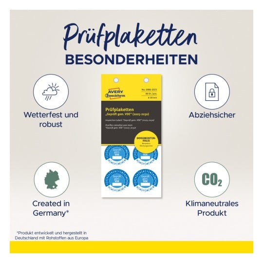 Das Bild zeigt ein Produkt für Inspektionsetiketten namens 'Prüfplaketten' von Avery Zweckform, das Merkmale wie Wetterbeständigkeit, Sicherheit und Umweltfreundlichkeit hervorhebt, markiert für die Gültigkeit von 2025-2030.