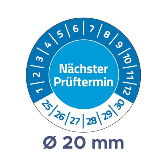Das Bild zeigt ein kreisförmiges Kalibrier- oder Terminrad mit den Zahlen 1 bis 12 und einem Abschnitt für die Daten 25 bis 30, der mit "Nächster Prüftermin" beschriftet ist und einen Durchmesser von 20 mm angibt.
