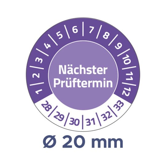 Das Bild zeigt eine runde Skala, die mit Zahlen für die Monate markiert ist, sowie den Text 'Nächster Prüftermin' und die Messung 'Ø 20 mm'.