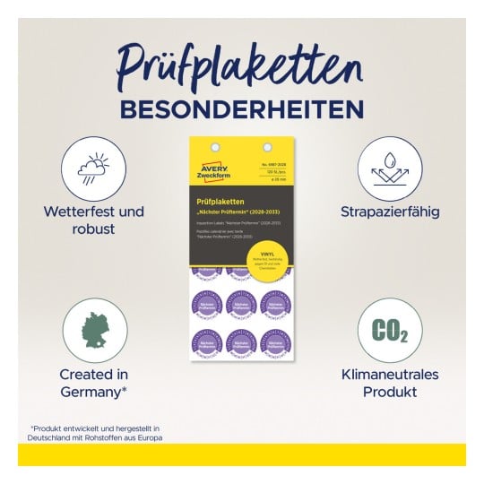 Das Bild zeigt eine Produktverpackung von Vinyl-Prüfaufklebern von Avery, die ihre Haltbarkeit, Wetterbeständigkeit und umweltfreundliche Produktion in Deutschland hervorheben.