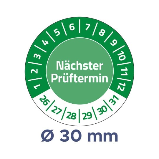 Das Bild zeigt einen runden Kalender, der das nächste Prüfdatum mit der Aufschrift 'Nächster Prüftermin' angibt, umgeben von Zahlen, die Daten darstellen, mit einem Durchmesser von 30 mm angegeben.