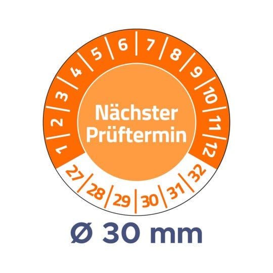 Das Bild zeigt eine kreisförmige Grafik mit der Beschriftung 'Nächster Prüftermin', versehen mit nummerierten Intervallen und einem Durchmesser von 30 mm, was darauf hindeutet, dass es sich um Planung oder Messung handelt.