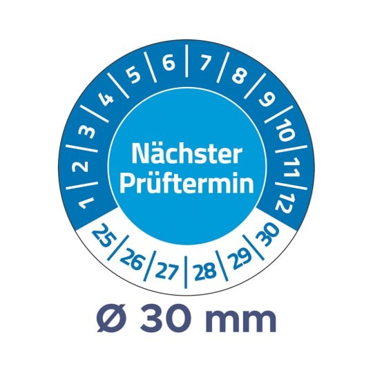 Das Bild zeigt ein kreisförmiges Diagramm mit nummerierten Positionen, die einen Zeitplan oder eine Frist anzeigen, hervorgehoben durch die Worte 'Nächster Prüftermin' und eine Durchmesserangabe von 'Ø 30 mm'.