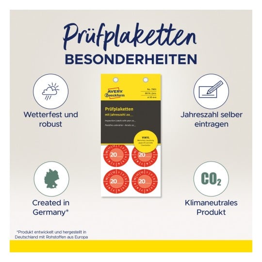 Das Bild zeigt wetterbeständige Inspektionsetiketten und hebt Merkmale wie anpassbares Jahrfeld, deutsche Herkunft und Klimaneutralität hervor. Das Design ist farbenfroh, wobei der Fokus auf der Marke Avery liegt.