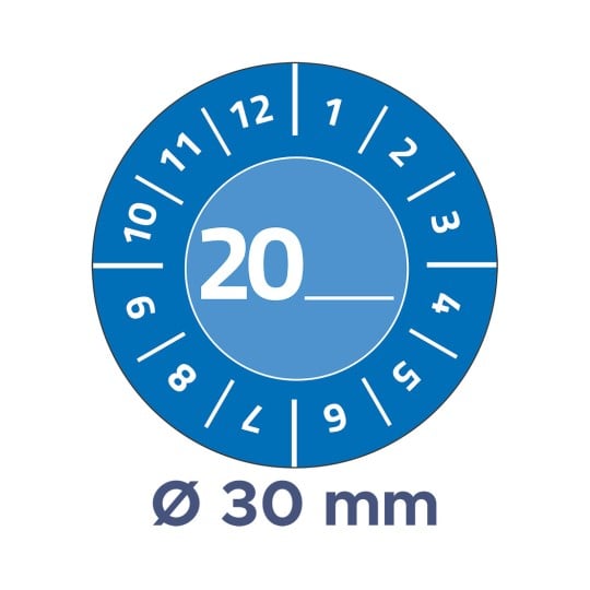 Das Bild zeigt eine runde Skala oder ein Zifferblatt mit Zahlen von 1 bis 12 und 1 bis 12 am Rand. Die Zahl '20' ist prominent in der Mitte dargestellt, und unter dem Kreis befindet sich ein Etikett mit der Aufschrift 'Ø 30 mm'.