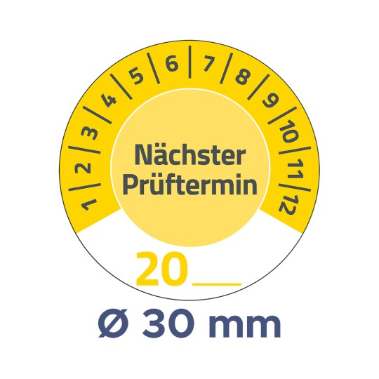 Das Bild enthält eine Anzeige oder ein Zifferblatt mit Zahlen von 1 bis 12, in der Mitte beschriftet mit 'Nächster Prüftermin' und am unteren Rand die Angabe 'Ø 30 mm'.
