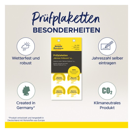 Das Bild zeigt Prüfetiketten mit Merkmalen wie Wetterbeständigkeit, Robustheit, Selbst-Eintrittsjahr, hergestellt in Deutschland und CO2-Neutralität. Die Etiketten sind für die Angabe des nächsten Prüftermins konzipiert.
