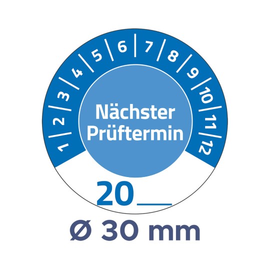 Das Bild zeigt ein kreisförmiges Design, das einen Zeitplan für die nächste Inspektion anzeigt, auf Deutsch als 'Nächster Prüftermin' vermerkt, mit nummerierten Monaten um den Kreis und einem Durchmesser von 30 mm.