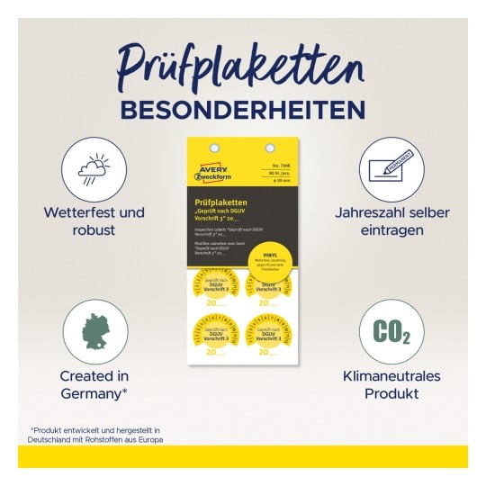 Das Bild zeigt Prüfsiegel von Avery Zweckform, die ihre Langlebigkeit, Wetterbeständigkeit und Umweltfreundlichkeit betonen. Wichtige Merkmale sind die Anpassbarkeit mit dem Jahr, hergestellt in Deutschland und aus klimaneutralen Materialien gefertigt.