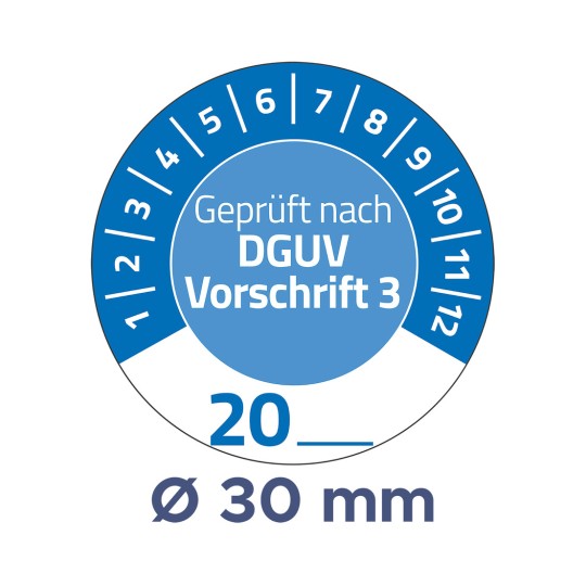 Das Bild zeigt ein Messgerät mit Zahlen von 1 bis 12. Es beinhaltet den Text 'Geprüft nach DGUV Vorschrift 3' und zeigt eine Messung von 30 mm an.