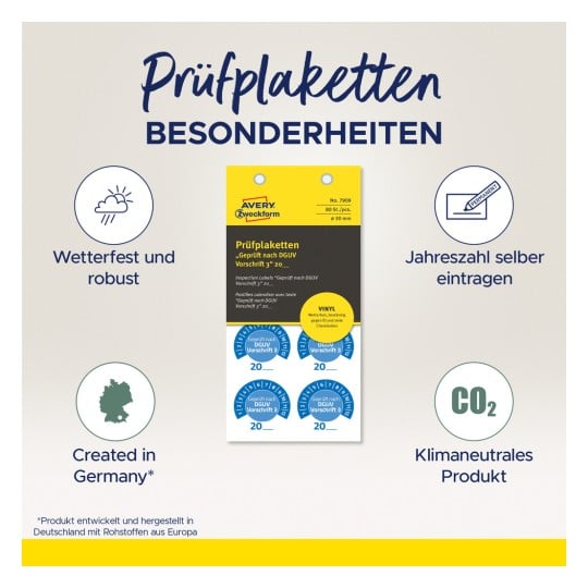 Das Bild zeigt eine Produktwerbung für Inspektionsetiketten von Avery Zweckform, die ihre wetterfesten und robusten Eigenschaften, Anpassungsfähigkeit über Jahre hinweg, deutsche Herkunft und Klimaneutralität hervorhebt.