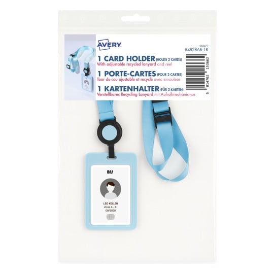 Das Bild zeigt ein Paket, das ein hellblaues Schlüsselband und einen Kartenhalter enthält. Es bietet Platz für zwei Karten und weist ein 'ENTWURF'-Wasserzeichen über der Karte auf.