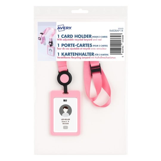 Ein Bild zeigt ein rosa verstellbares Schlüsselband und Kartenhalter, mit Details zum Produkt wie Name und Spezifikationen. Das Wort 'ENTWURF' ist in Rot überlagert.