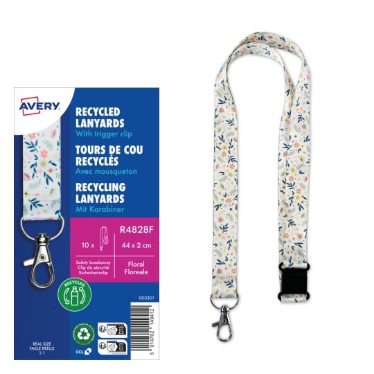 Ein Bild zeigt recycelte Lanyards mit einem Karabinerhaken und einem Blumendesign. Die Verpackung enthält Informationen über das Produkt, einschließlich Größe und Spezifikationen.