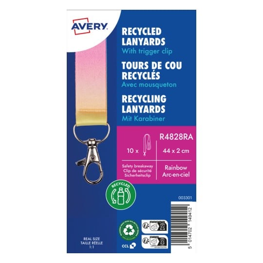 Ein Bild von recycelten Lanyards von Avery, mit einem Karabinerhaken, Regenbogenfarben, im 10er-Pack, Sicherheitsabriss und recyceltem Material-Logo.