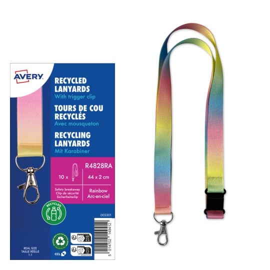 Das Bild zeigt ein Pack mit recycelten Lanyards im Regenbogenverlauf-Design und einem Karabinerhaken. Die Verpackung hebt ihre Eigenschaften und Spezifikationen hervor.
