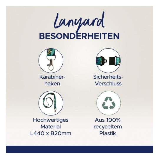 Das Bild zeigt eine Präsentation eines Schlüsselbandes, das seine besonderen Merkmale hervorhebt, darunter ein Karabinerhaken, ein Sicherheitsverschluss, hochwertige Materialangaben und die Verwendung von 100 % recyceltem Kunststoff.
