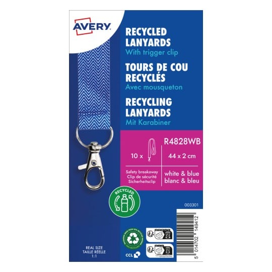 Dieses Bild zeigt ein Verpackungsetikett für recycelte Lanyards von Avery, mit einem blau-weißen Design, einem Karabinerhaken, Recyclingsymbolen und Produktdetails.