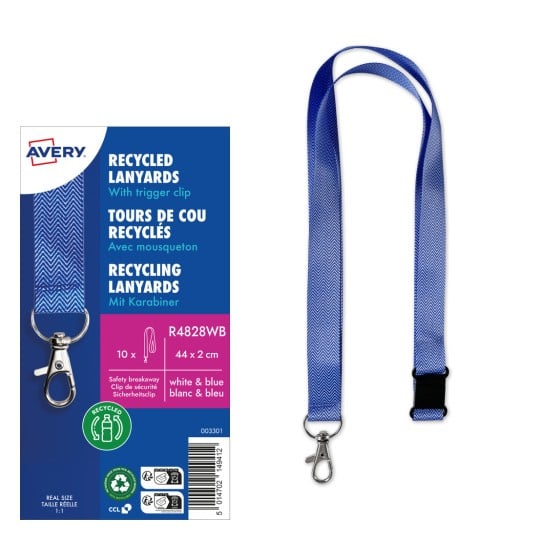 Das Bild zeigt ein Paket recycelter Schlüsselbänder von Avery mit einem blau-weißen Design, einem Karabinerhaken und den auf der Verpackung angegebenen Spezifikationen.