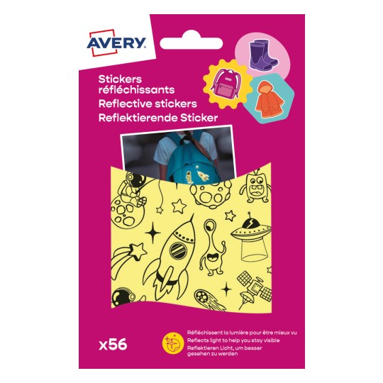 Das Bild zeigt ein Paket reflektierender Aufkleber von Avery, mit bunten Designs wie Raketen und Außerirdischen, geeignet zur Verbesserung der Sichtbarkeit auf Rucksäcken.