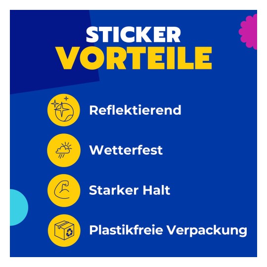 Das Bild zeigt ein Paket mit 56 reflektierenden Aufklebern mit farbenfrohen Designs wie Raketen und Sternen. Es hebt Haltbarkeit, Wetterbeständigkeit und umweltfreundliche Verpackung hervor.