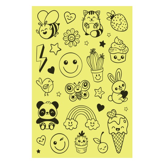 Das Bild zeigt niedliche Kritzeleien auf gelbem Hintergrund, darunter eine Biene, ein Panda, eine Katze, ein Häschen, Blumen, Herzen und Icons wie Eiscreme und Cupcakes.