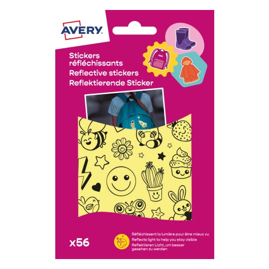 Das Bild zeigt die Verpackung für reflektierende Aufkleber von Avery, die verschiedene lustige Designs zur Verbesserung der Sichtbarkeit enthalten. Es beinhaltet ein Bild eines Kindes mit einem Rucksack und bunten Grafiken.