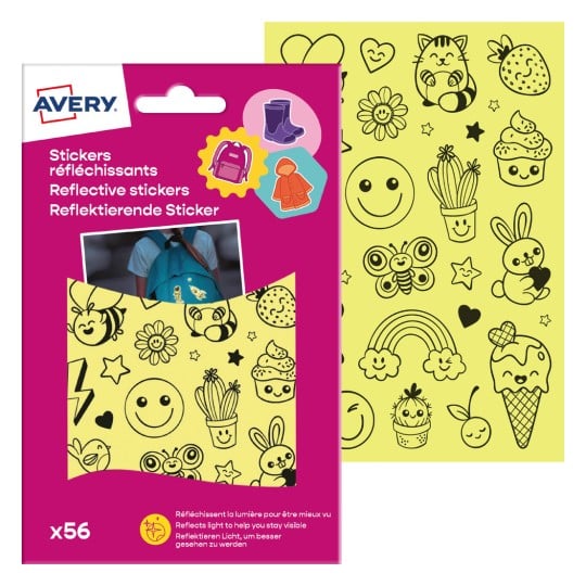 Das Bild zeigt eine Packung reflektierender Aufkleber von Avery. Das Design enthält verschiedene lustige Symbole wie Smileys, Tiere und Lebensmittel auf einem gelben Hintergrund.