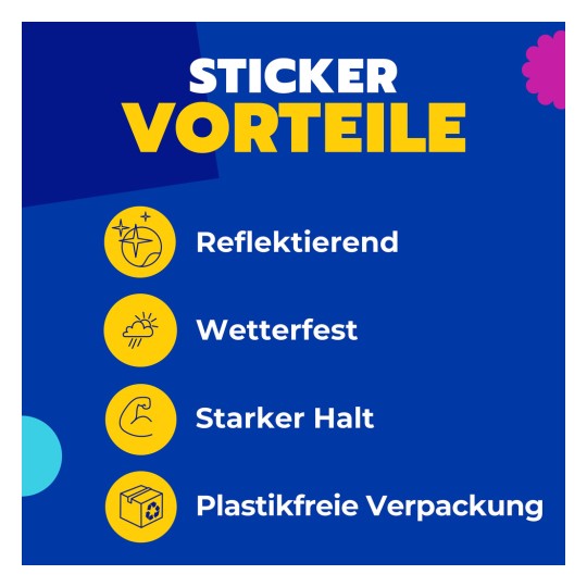 Das Bild zeigt ein Set reflektierender Aufkleber, deren Merkmale wie starke Haftung, Wetterbeständigkeit und nachhaltige Verpackung hervorgehoben werden. Die Verpackung enthält bunte Designs.